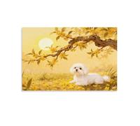 White Maltese Dog Canvas Wall Art Yellow Flower Tree Print On Canvas Modern Artwork for Home Office Bedroom Wall Decor Gift 20x30inch(50x75cm)