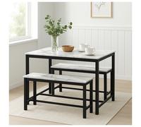 (White Marble) 3 Pcs Wooden Kitchen Dining Living Room Table Metal Frame 2 Matching Benches Set