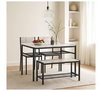 (White Marble) 4-Piece Wooden Dining Set with Metal Frame Table, 2 Chairs & Bench