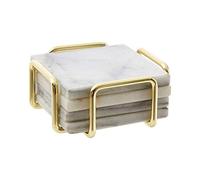 White Marble Coasters, Brass Finish Holder, Set of 4