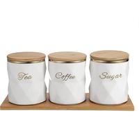 White Marble Effect Ceramic Canister Set with Wooden Stand - 3pcs Tea, Coffee & Sugar Storage Jars, Golden-Edged Luxury Airtight Containers for Kitchen, Cosmetic & Jewelry Organization - 12.6x10.2cm