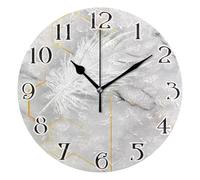 White Marble Feather Clock Wall Clock for Living Room Silent Non-Ticking Round Clock 25cm Easy to Read Clocks Kitchen Home Decorative