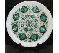 White Marble Plate with Malachite Inlay | 12 Inches Handmade Decorative Serving Plate | Elegant Living Room Table Décor Collectible | Diwali Gift for Family & Freinds