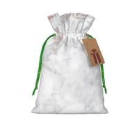 White Marble Rose Gold Printed Christmas Drawstring Bags with Green Christmas Ribbon - Reusable Burlap Drawstring Gift Pouches, M