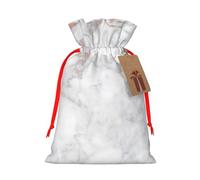 White Marble Rose Gold Printed Christmas Drawstring Bags with Red Ribbon - Reusable Burlap Drawstring Gift Pouches, M