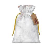 White Marble Rose Gold Printed Christmas Drawstring Bags with Yellow Christmas Ribbon - Reusable Burlap Drawstring Gift Pouches, S