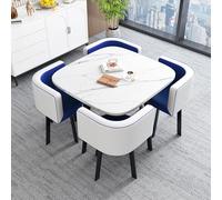 White Marble Square Dining Table Set with Blue Chairs Elegant Reception & Office Negotiation Table and Chair Combination for Modern Spaces