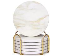White Marble Style Ceramic Coasters Set of 6 with Holder Modern Coffee Table Decor Drink Coaster Gifts Absorbent Stone Coasters for Rustic Farmhouse Bar