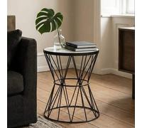 White Marble Top Side Table with Powder-Coated Black Iron Corset Base | Rabia