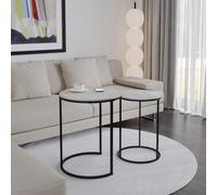 Urbn-Living Urbnliving 60Cm Height White Marble Wood Top With Black Metal Legs Round Nesting Stackable Sofa Side Bedside End Table Set Of 2
