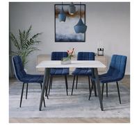 Urbn-Living Urbnliving 5Pcs White Matt Modern Ceramic Top Dining Table & Blue Plush Velvet Chairs With Metal Legs