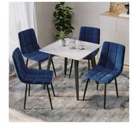 (White Matt + 4 Blue Velvet Chairs) 80cm Modern Dining Table & Velvet Chairs Set