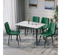 (White Matt + 4 Green Velvet Chairs) 120cm Modern Dining Table & Velvet Chairs Set