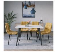 (White Matt + 4 Yellow Velvet Chairs) 120cm Modern Dining Table & Velvet Chairs Set