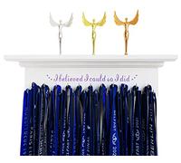 White Medal Hangers Display and Trophy Shelf with 23 Strong Ribbon Hooks, Wooden Medal Holder for Wall Showcase Running Award Honors, Motivating Gifts for Sports Enthusiast