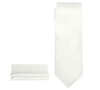 White Men's Solid Satin Necktie and Pocket Square Set - Skinny Tie with Handkerchief - Formal & Casual Wear for Weddings, Business, Birthdays, Graduation & More - Elegant Glossy Finish