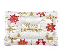 White Merry Christmas Gold Snowflake Red Washable Dog Beds Crate Pad Soft Comfortable Anti-Slip Bottom Pet Kennel Beds for Medium/Large Dogs 24" x 18"