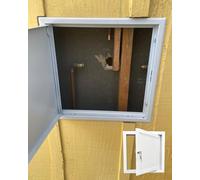White Metal Access Panel with Key Lock, Hidden Conduit Wiring Inspection Door for Secure Bathroom and Garage Use