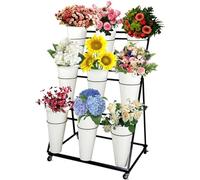 White Metal Flower Display Stand with Wheels 3 Tier Iron Plant Stand for Indoor Outdoor Garden Stylish Florist Rack with Plastic Buckets Outdoor Plant Stand with 6 Barrel(3 layers 9 barrel white)