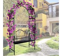 White Metal Garden Arch with Bench - 210cm High x 114cm Wide Black Trellis Arbor for Climbing Plants - Stylish Outdoor Decor for Gardens and Patios