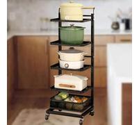 White Microwave Oven Rack with Wheels Over-the-Cupboard Storage Shelf Unit Kitchen Organizer with Black 5 * 4 Boards & 1 Basket Space-Saving Solution for Modern Kitchens