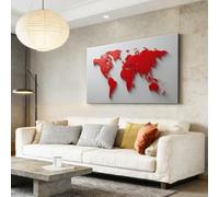 White Minimalism Canvas Wall Art, 3D Red World Map Pattern Canvas Painting Posters for Bathroom Wall Decor, Artwork Posters Prints Home Decoration for Office Farmhouse Bedroom, 140x70 cm