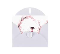 White MJHKXLJ Little girl picking cherry blossoms Prints Pearlized Greeting Card - Envelope Included - Perfect for Christmas, Birthdays, Valentines, Weddings, and More