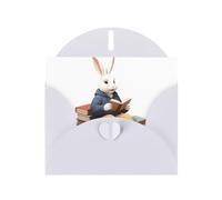 White MJHKXLJ Rabbit reading a book Prints Pearlized Greeting Card - Envelope Included - Perfect for Christmas, Birthdays, Valentines, Weddings, and More