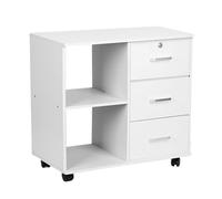 White Mobile File Cabinet with 3 Drawers & Open Shelves, Wood eral Filing Cabinet on Wheels, Printer Stand for Home Office Organization and Storage