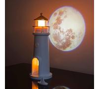(White) Moon & Lighthouse Night Light Projector - Rechargeable LED Aesthetic Table Lamp with Realistic Moon & Stars Projection, Ideal for Living Room Decor