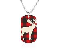 White Moose Silhouette Red Buffalo Plaid Check Men's Pendant Necklace for Women Customizable Jewelry Dog Tag Memorial Necklaces