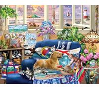 White Mountain Puzzles Beach Retreat 1000 Piece Jigsaw Seek & Find Cat and Dog Puzzle