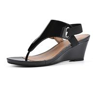 WHITE MOUNTAIN Women's All Dres Triangle Thong Sling-Back Wedge Sandal, Black/Patent/Smooth, 6 UK