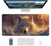 White Mouse Mat 600x300x3mm, Wolf Gaming Mouse Pad, Desk Mat with Waterproof Non-Slip Rubber Base, Mousepad for Stable Grip on Smooth Surfaces, Desk Accessories and Office Accessories, Gifts W-4390