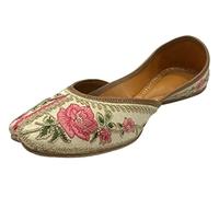 White Multi Print Thread Work Jutti for Women's Soft Flat Ethnic Handmade Traditional Jooti Wedding Indian Shoes, White Multi, 5 UK