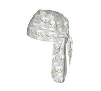 White Natural Green Branch Print Cycling Skull Cover Moisture Wicking Headwrap Under Helmet Tie Back Modern Beanie 22-24 In