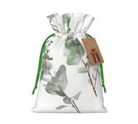 White Natural Greenery Twig Christmas Drawstring Gift Bags with Tags, Xmas Gift Bags with Green Christmas Ribbon, Reusable Gift Wrapping Bag Fabric Goody Gift Sacks for Party Presents Decorations