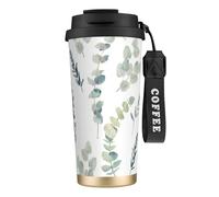 White Natural Greenery Twig Print Insulated Coffee Mug, 316 Stainless Steel Vacuum Travel Cup, Keep Hot And Cold