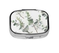 White Natural Greenery Twig Print Pill Box Square Pill Case 2 Compartment Small Metal Medicine Organizer Portable Travel Pillbox for Pocket Purse Cute Mini Pill Container to Hold Daily Vitamins