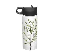 White Natural Plant Green Twig Printing The Print 18 Oz Stainless Steel Sports Insulated Kettle With Lid For Adult Men Women