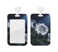 White Night Flower Id Badge Holder with Lanyard-Vertical Card Protector Clear Abs Hard Shell, Retractable Reel for Work Office