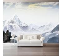 White Non-Woven Photo Wallpaper 400 x 280 cm（WxH, Medieval Snow-Capped Mountains Flying Birds Patterned Mural Wallpaper - Wall Mural for Living Room Bedroom Nursery Lounge Office Decoration