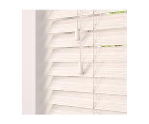 White Oak Faux Wood Venetian Blind 50mm Slats - 150cm Width x 120cm Drop | Fine grain White Oak faux wood Venetian blind with strings. 50mm slats. 150cm width x 120cm drop. Moisture resistant.