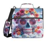 White of The Dead Flower Skull 1.5 Inch 3 Rings Binder Zipper with Handle Includes Zip Pocket Portfolios Portfolio Organizer for School and Office