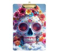 White of The Dead Flower Skull Acrylic breakable clipboard Standard Letter A4 Size Acrylic Cute for Classroom Supplies for Teachers Elementary Gold 12x9in Tabla para escribir con Clip