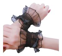 (White, One size) Lolita Sweet Shirred Wrist Cuffs Solid Color Ruffled Lace Bow Wristband Sleeves Black