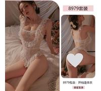 (white, One Size) Sexy lace seduction onesie women's pure desire to open the crotch sex perspective uniform suit pajamas