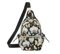 White Orchids Butterflies Black Sling Bag Art Print Vibrant Colors Daily Commute