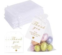 White Organza Bag Set, 25 Drawstring Gift Bags +25 Gold Foil Thank-You Labels, Suitable For Wedding Candies, Party Gifts, Jewelry And Small Item Packaging, Christmas Net Bag