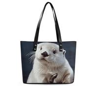White Otter Leather Tote Bag for Women Work Shoulder Purses with Zipper Waterproof Large Computer Shoulder Bag Fashion Ladies Shoulder Handbag Reusable Shopping Bags
